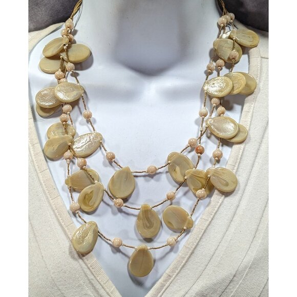Vintage Beige Glass Flat Teardrop Layered Necklace - Picture 2 of 5
